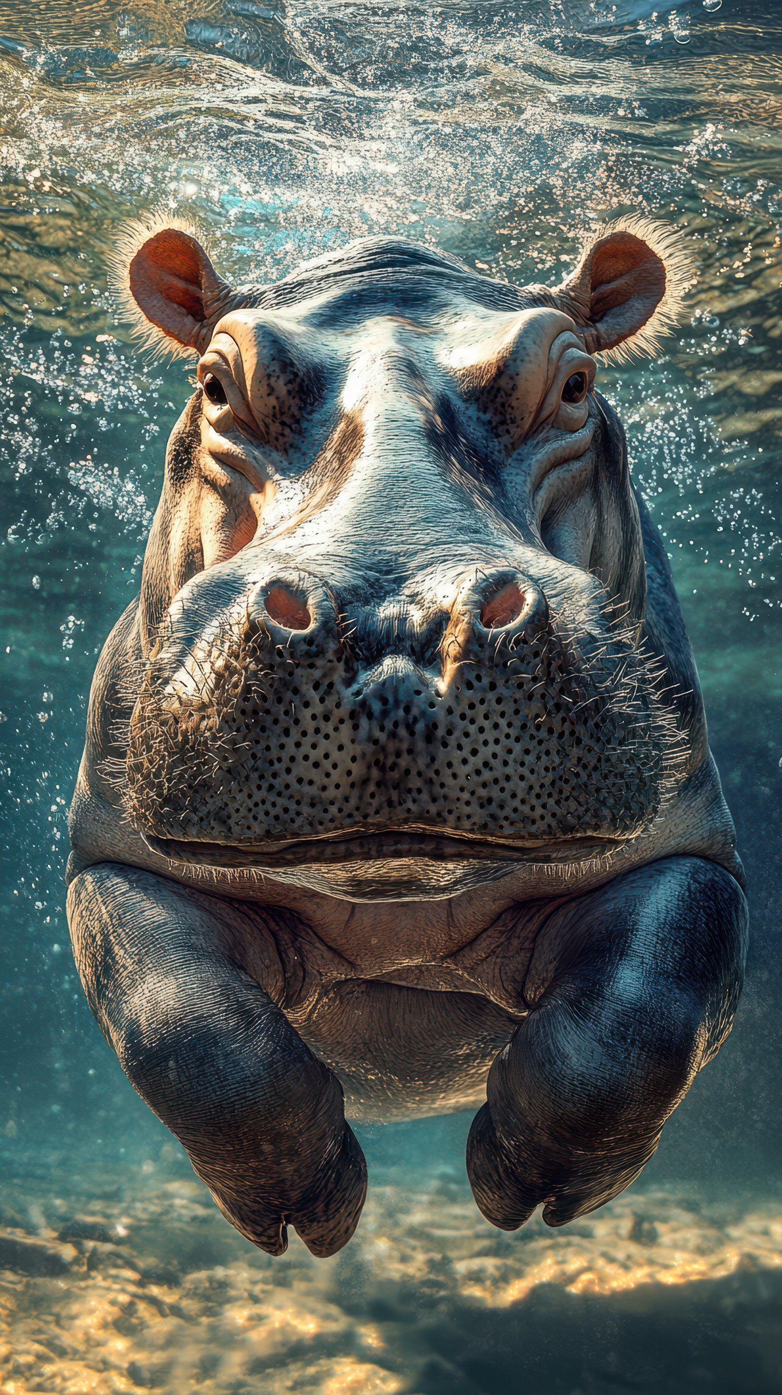 Hippo swimming underwater in a clear lake showing curiosity and strength in natural habitat during midday light